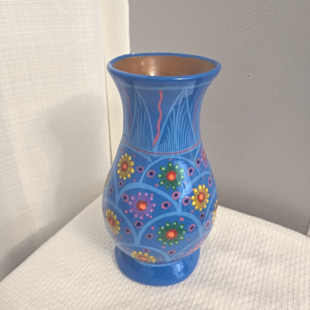 Guerrero Flower Vase Redware Southwest Mexican Folkart Style Handpainted
